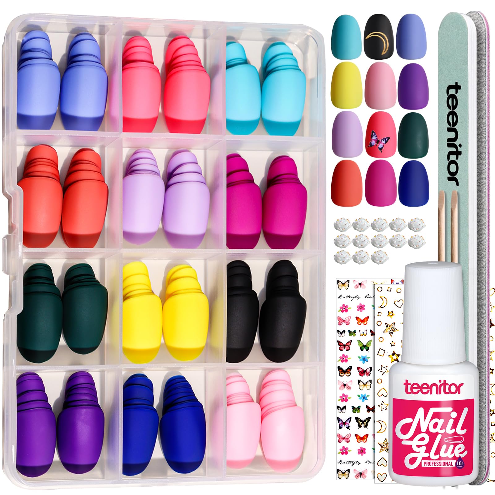  Teenitor oval press-on nails kit nails close-up showing matte color options for quick manicure.