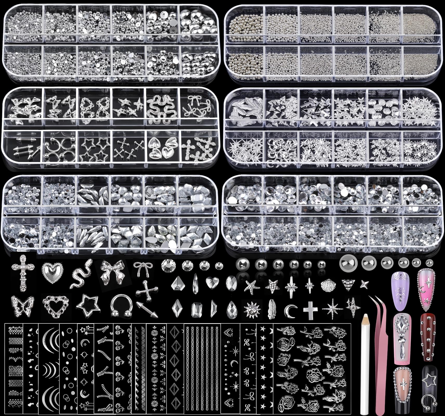 Teenitor silver nail charms pack offers versatile Y2K accents for creative nails.