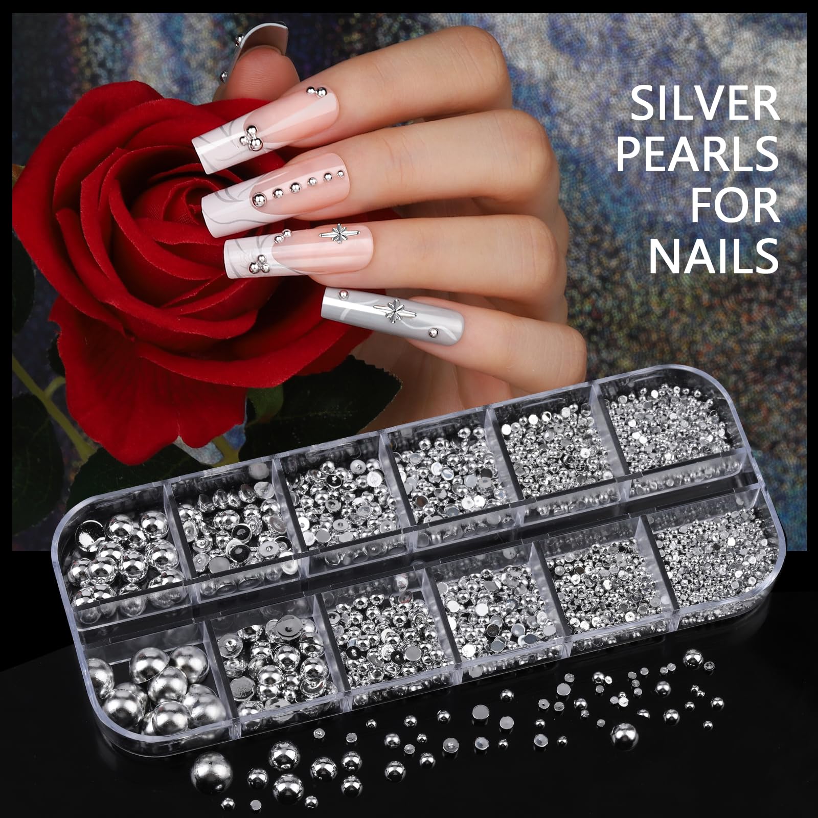 Teenitor silver pearl beads in 8 sizes enable textured nail detailing.