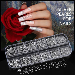 Teenitor silver pearl beads in 8 sizes enable textured nail detailing.