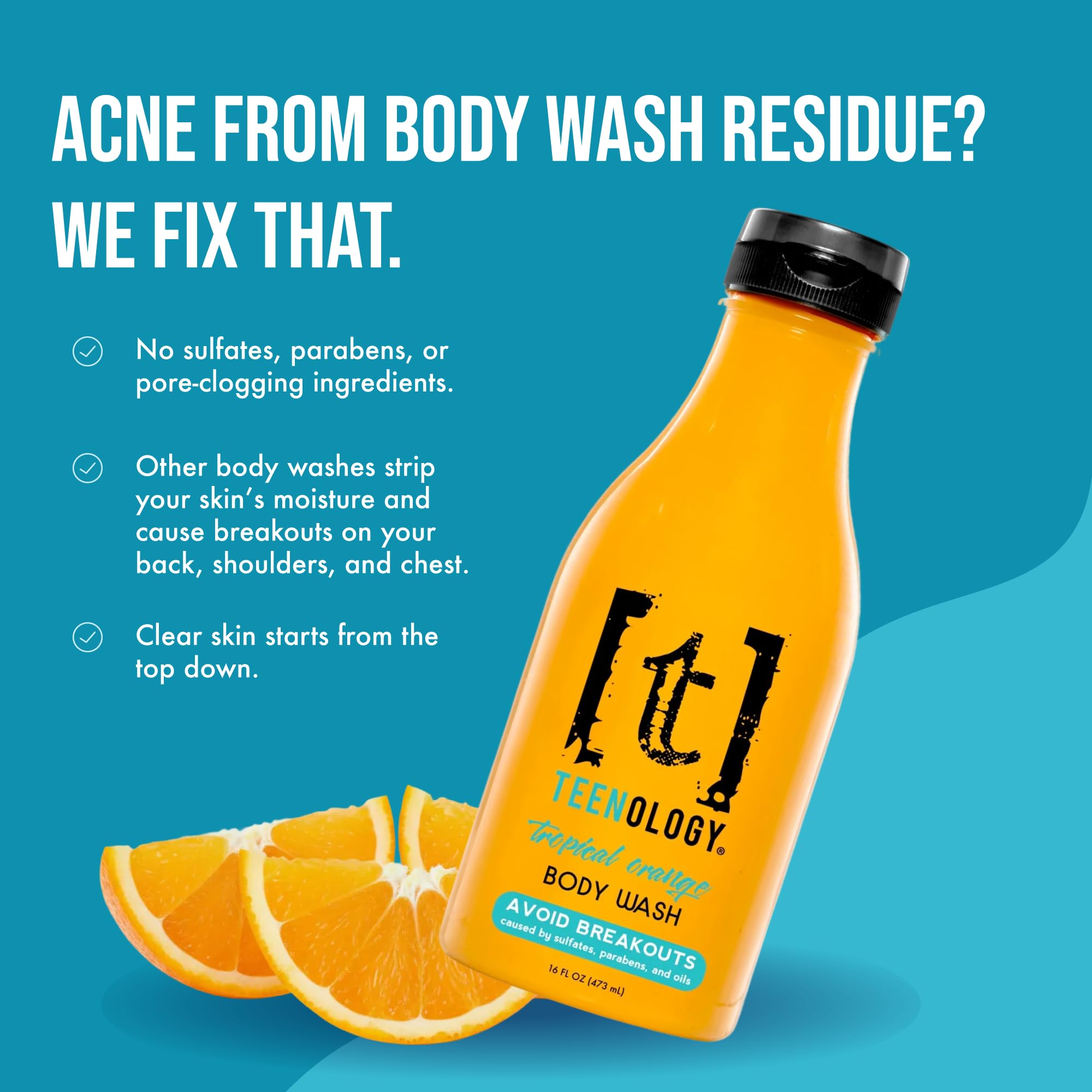 Teenology tropical orange fragrance provides a refreshing, daily shower experience.