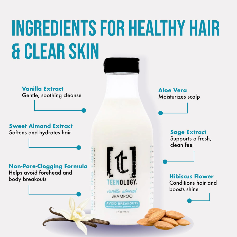 Teenology healthy-hair-shine shot highlights smooth, hydrated hair after washing.