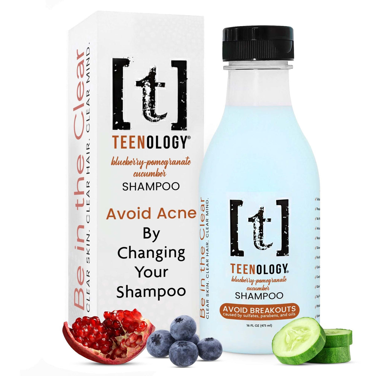 Teenology Teen Shampoo bottle showing blueberry-pomegranate-cucumber blend for clear skin and healthy hair.