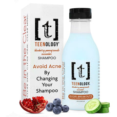 Teenology Teen Shampoo bottle showing blueberry-pomegranate-cucumber blend for clear skin and healthy hair.