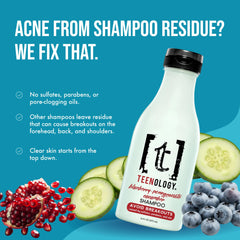 Teenology Teen Shampoo ingredients list including comfrey, blueberry, and hibiscus for natural care.