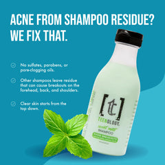 Teenology Teen Shampoo mint label closeup highlights paraben-free and sulfate-free formula