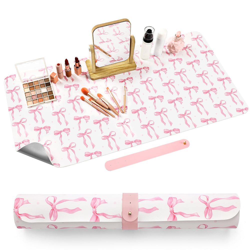 Teenyyou Coquette Bow makeup mat pink top view highlights dual-sided color for vanity styling