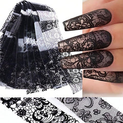 Teilihai black-white flower lace decals add chic shimmer for party-ready nails.