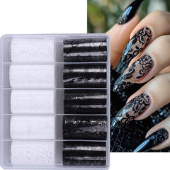 Teilihai lace nail foil transfer sheets in black and white for elegant manicure accents.