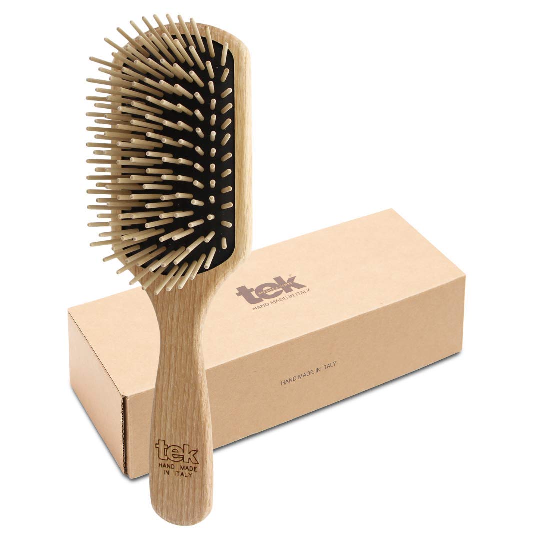 TEK rectangular paddle brush in ash wood with long tooth for gentle detangling