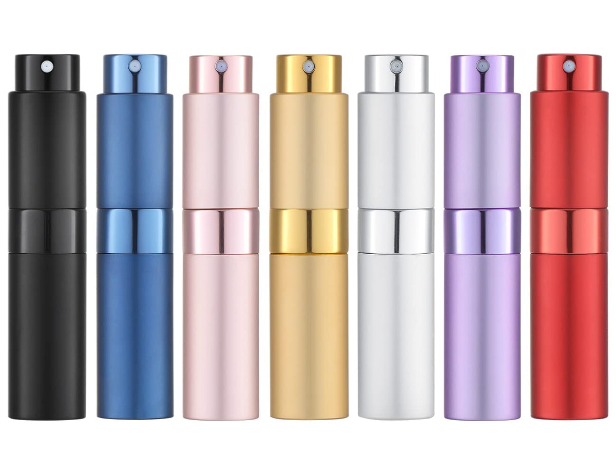 Tekson 7PCS 8ml travel perfume atomizer in black shows compact pocket-friendly design for on-the-go fragrance.