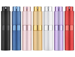 Tekson 7PCS 8ml travel perfume atomizer in black shows compact pocket-friendly design for on-the-go fragrance.
