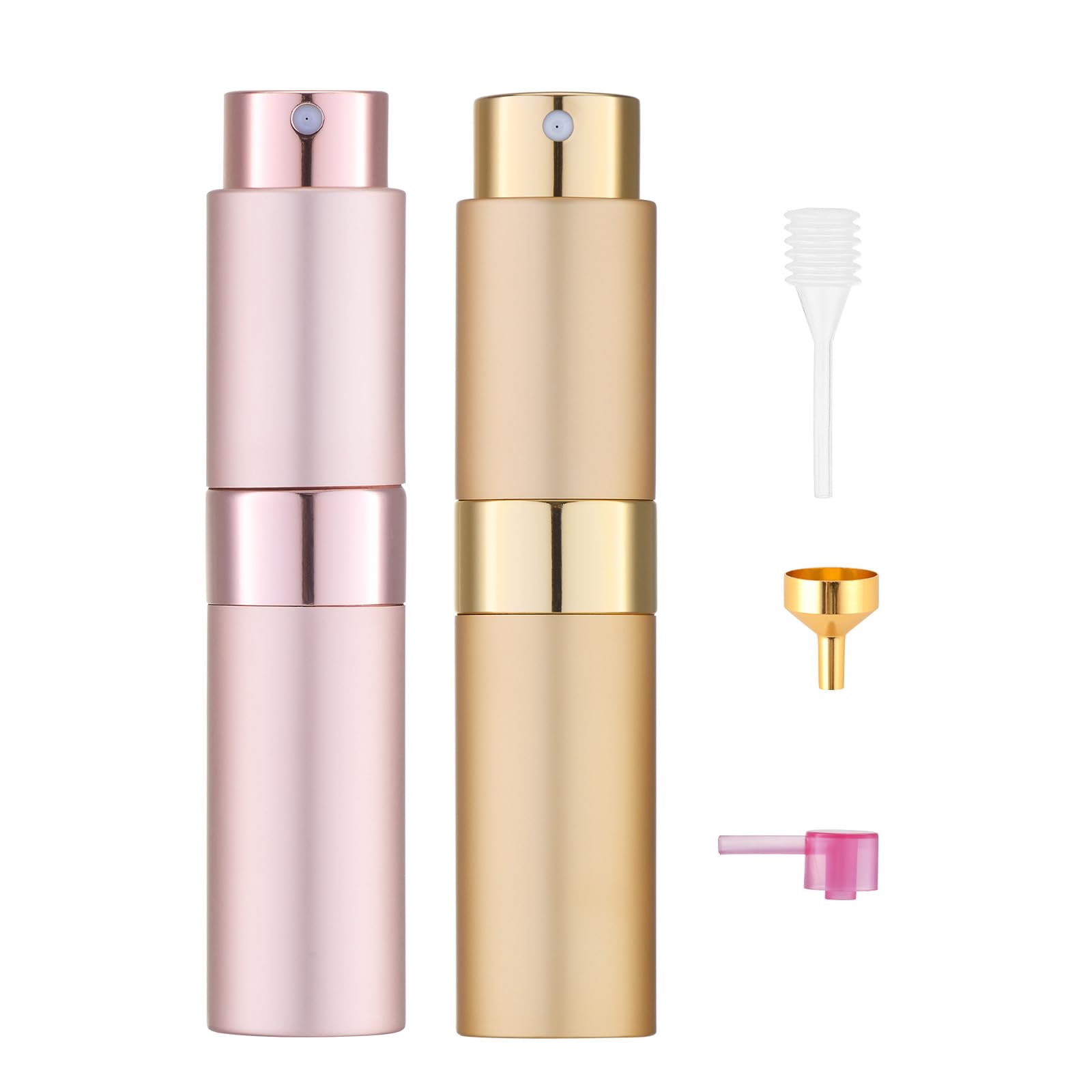 Tekson 8ml travel perfume atomizer in pink and gold, compact for on-the-go scents.