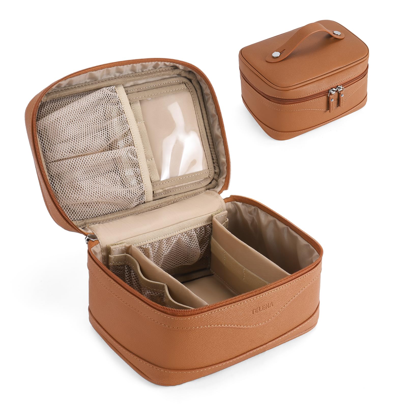 Telena large makeup bag main compartment keeps full-size cosmetics organized on the go.