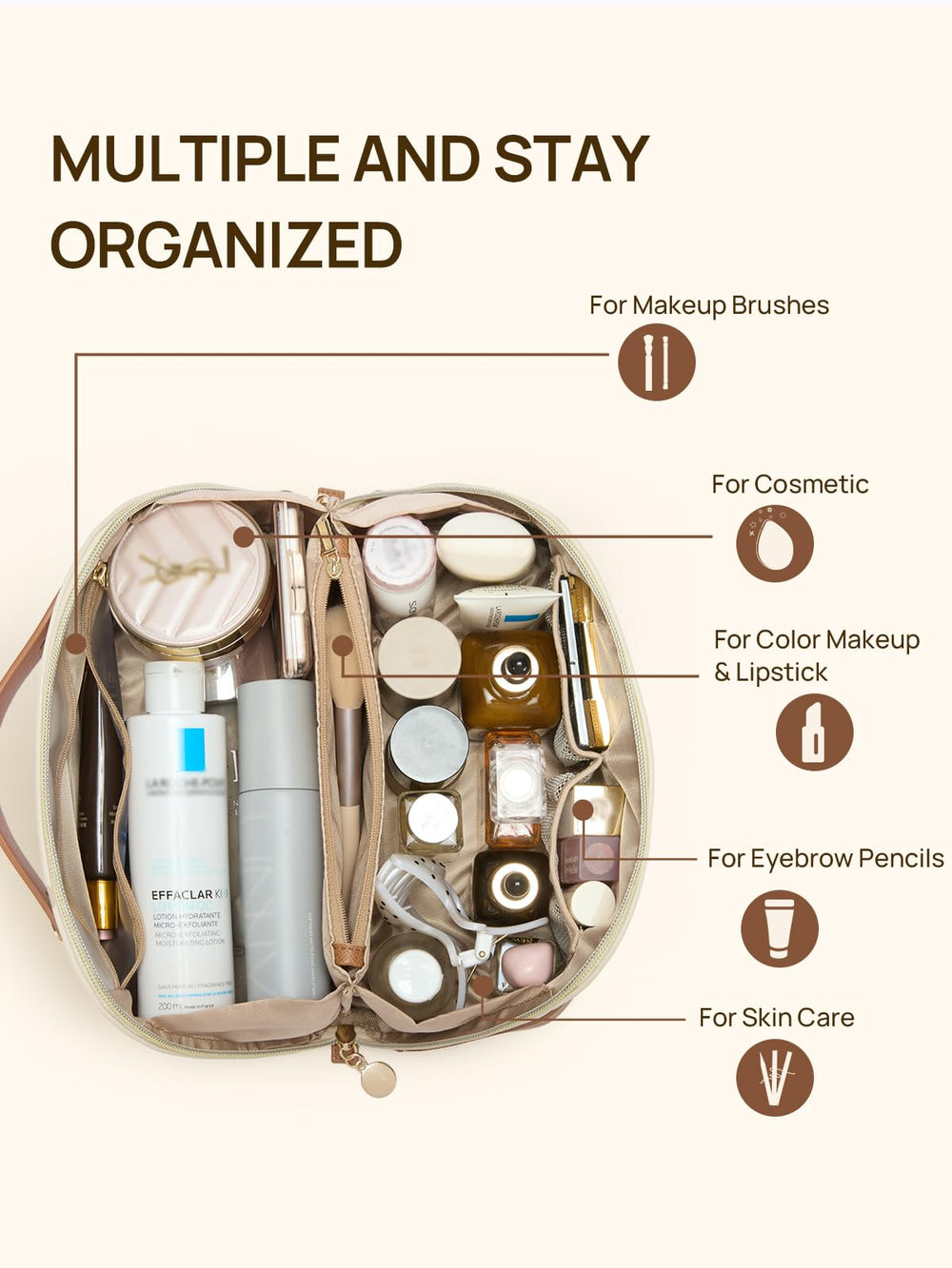Telena Leather Make Up Bag dividers and pockets for brushes and tools.