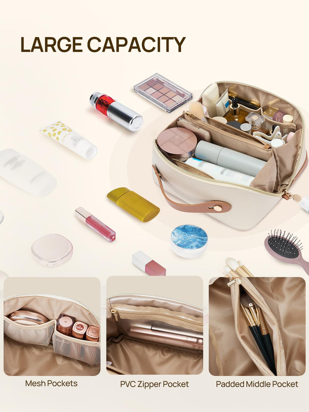 Telena Leather Make Up Bag sturdy handle for easy carrying on the go.
