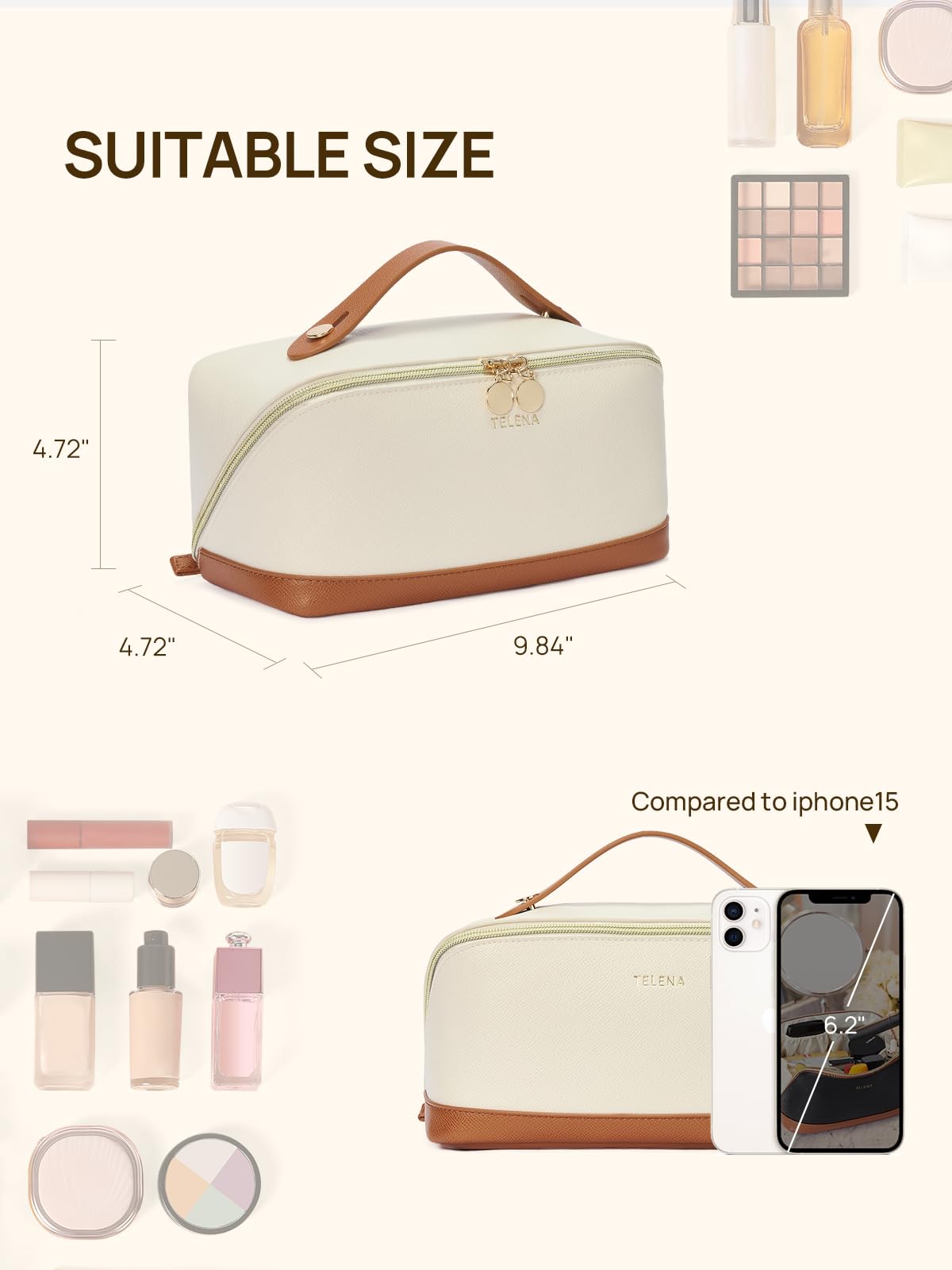 Telena Leather Make Up Bag open flat for full access and visibility.