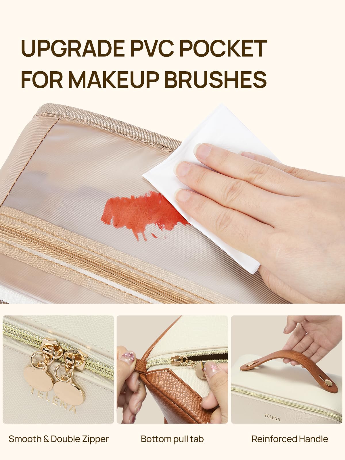 Telena Leather Make Up Bag portable design ideal for daily use and travel.