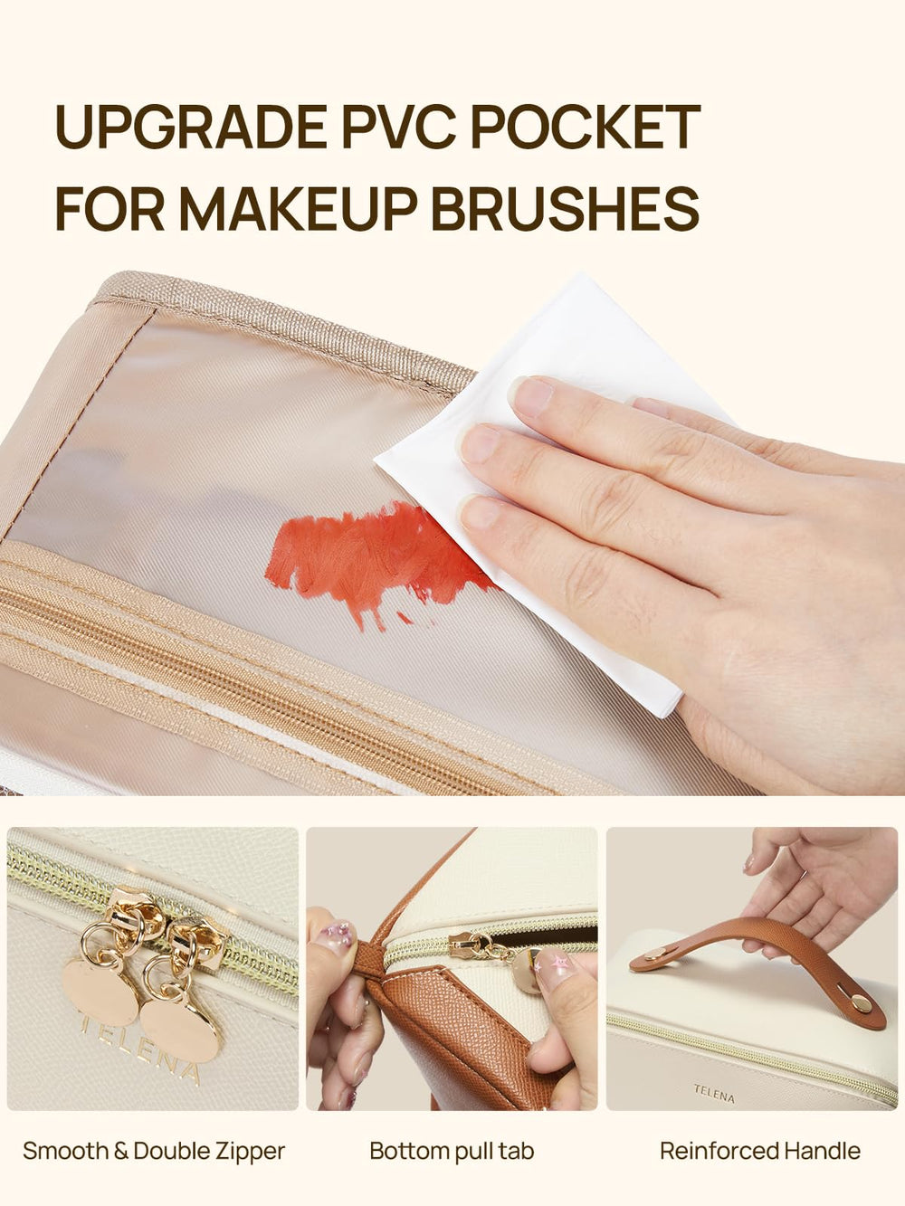 Telena Leather Make Up Bag portable design ideal for daily use and travel.