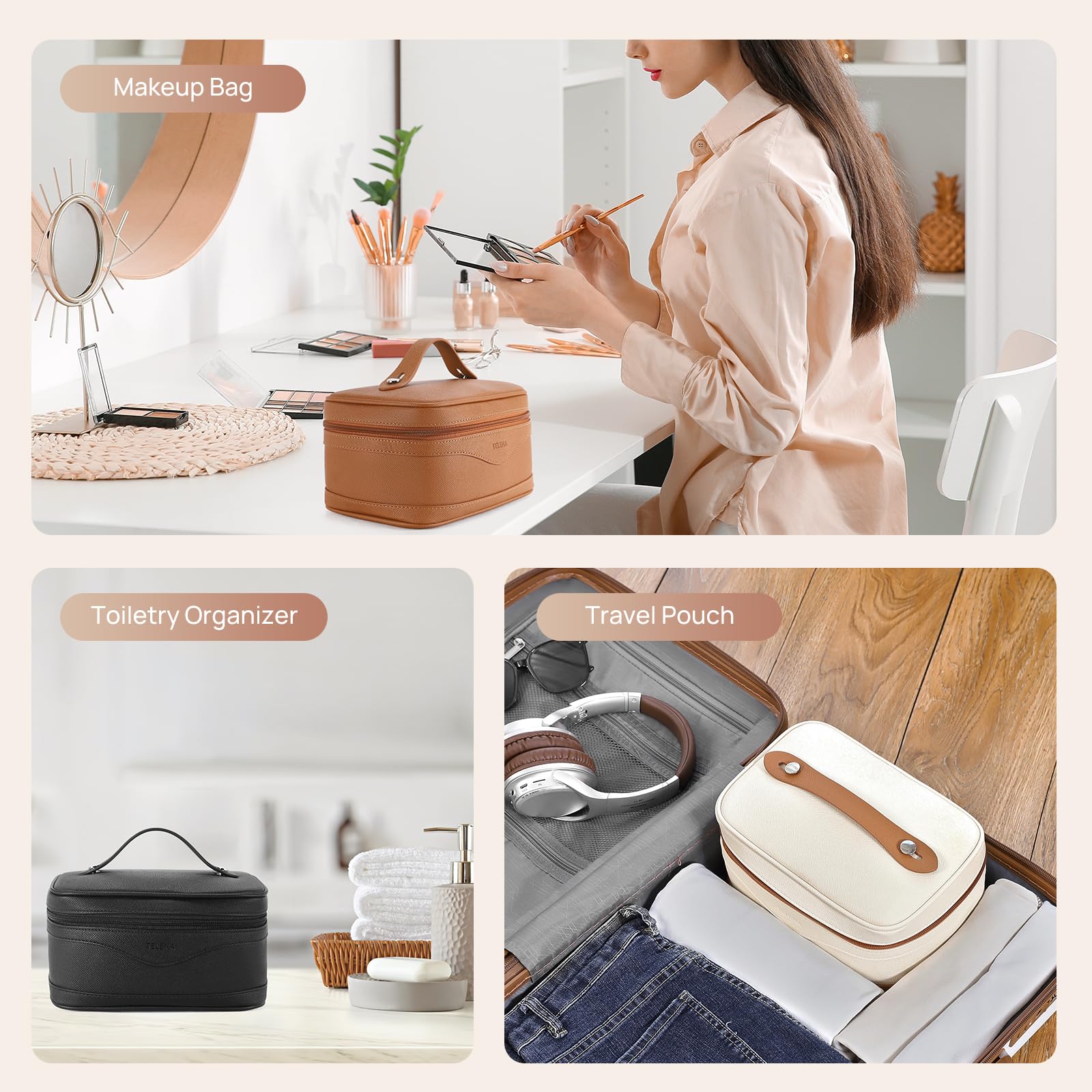 Telena makeup bag easy-clean PU material simplifies maintenance