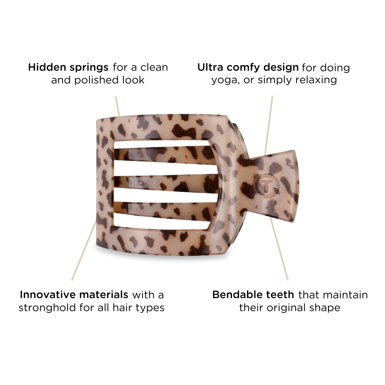 Teleties flat square clip provides strong grip across all hair textures.