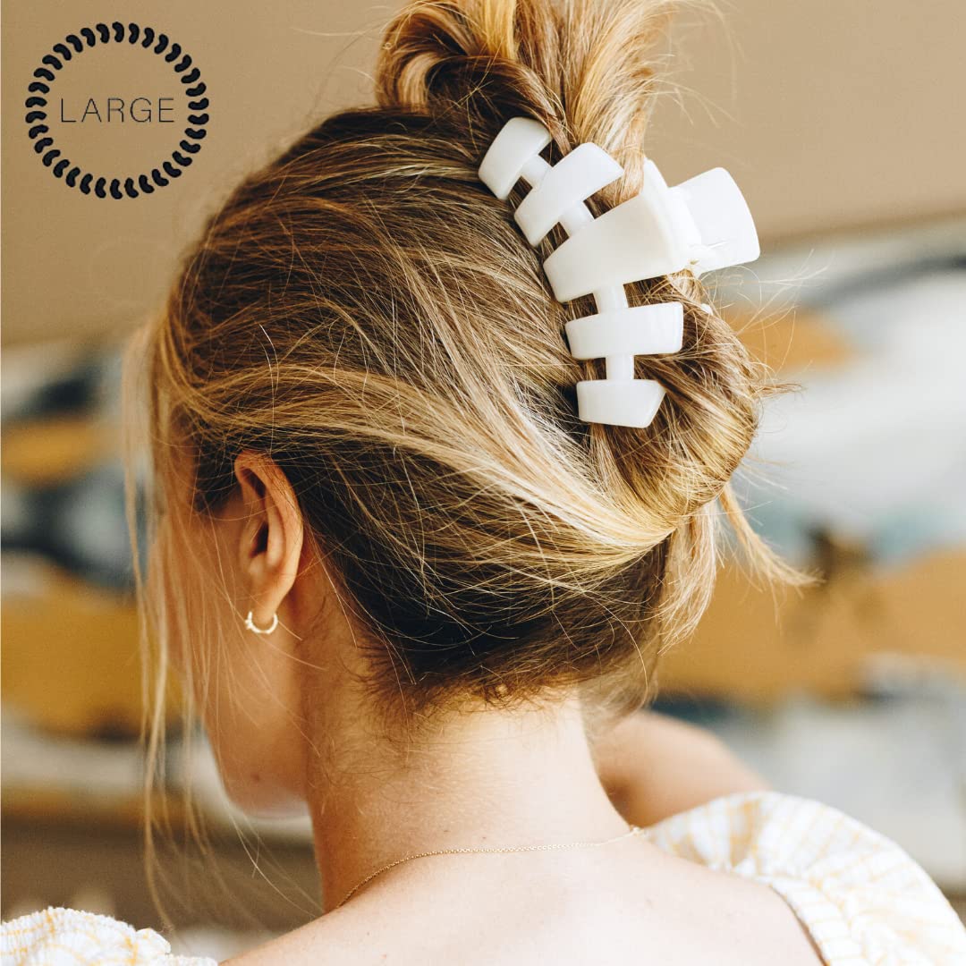 Teleties coconut white clip on a ponytail demonstrates comfortable curved design for all-day wear.