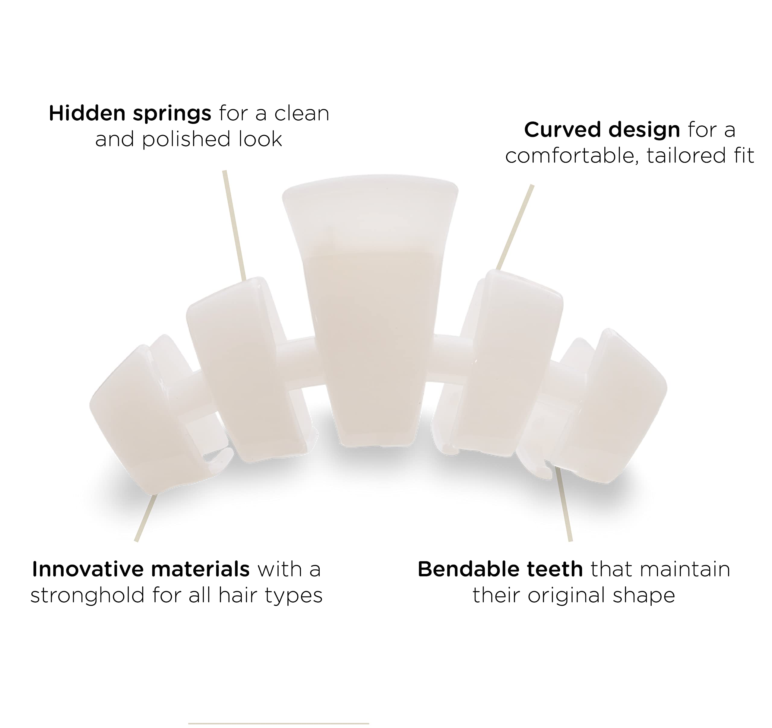 Teleties coconut white large hair clip showing bendable teeth in action for long-lasting shape.