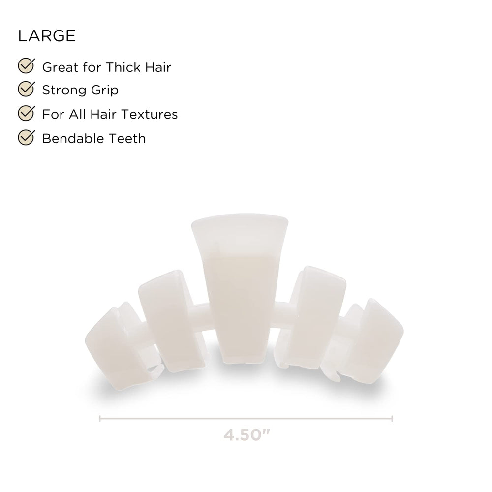 Teleties coconut white large clip worn for secure half-up styles without slipping.