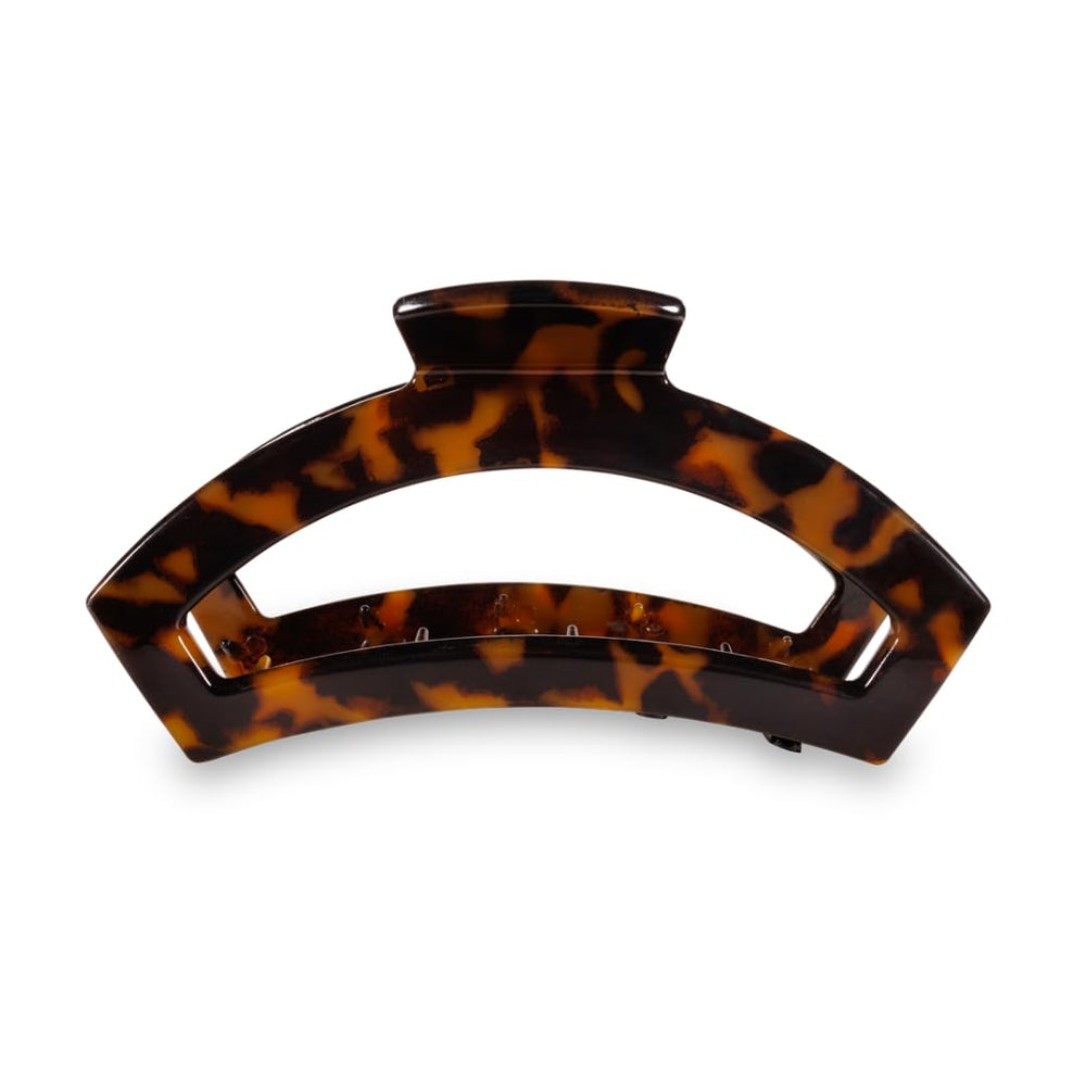 Teleties large open claw clip tortoise closeup highlights bendable teeth and durable grip.