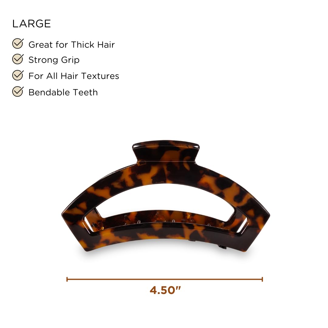 Teleties large open claw clip tortoise in hair demonstrates strong grip on thick hair.