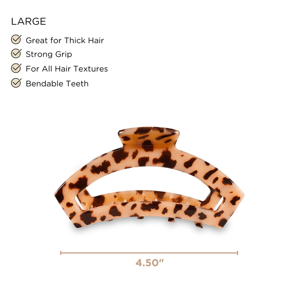Teleties open claw clip bendable teeth for durable hair hold without snagging.