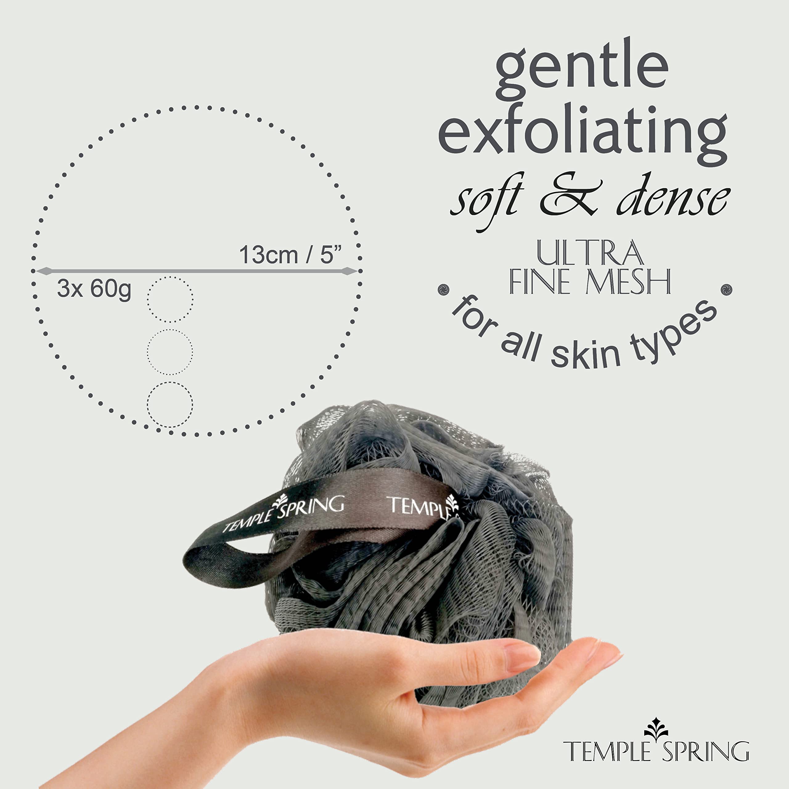 Temple Spring lathering loofa showing rich bubbles with body scrub