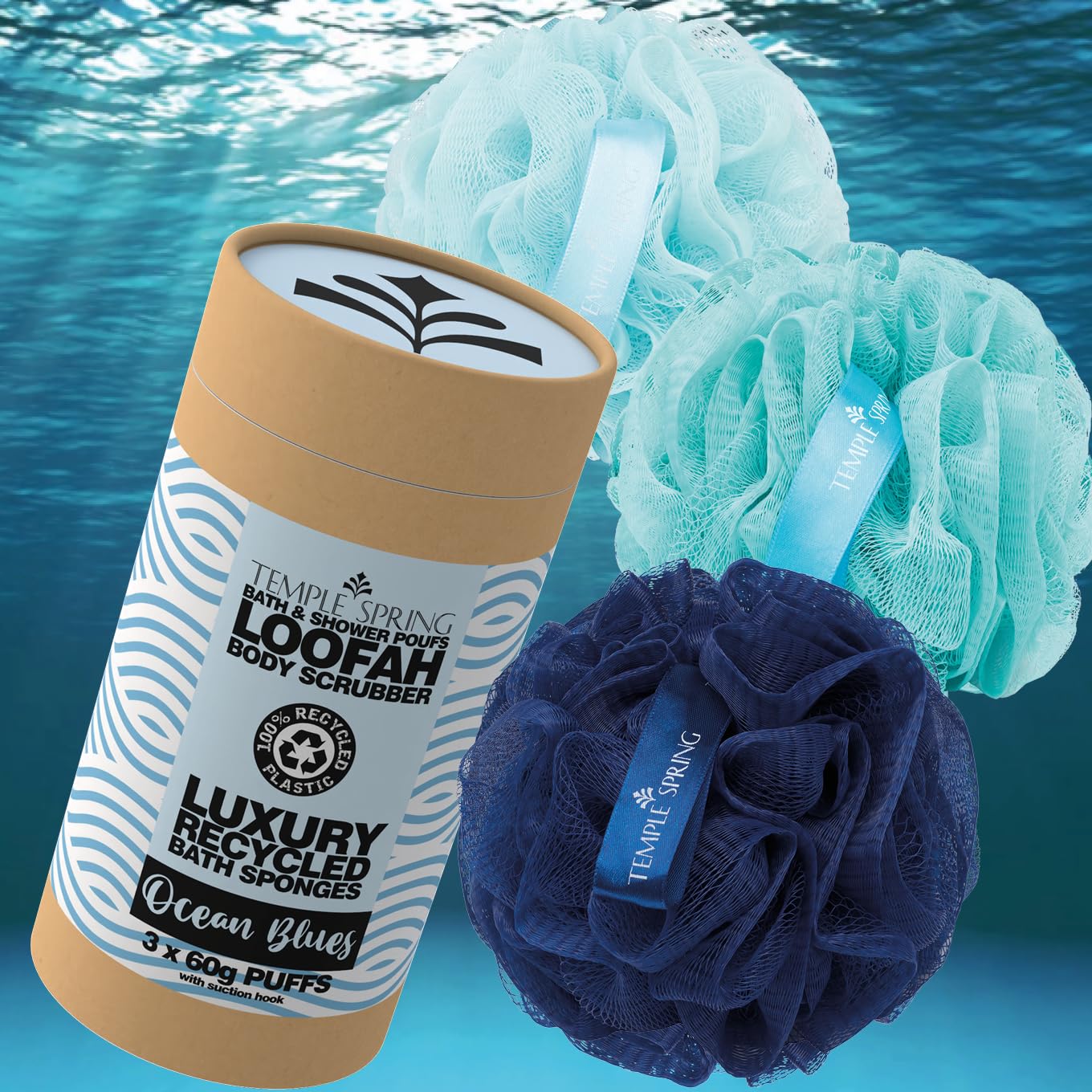 Temple Spring Recycled Luffa Sponge Ocean Blue hanging hook demonstrates easy storage.