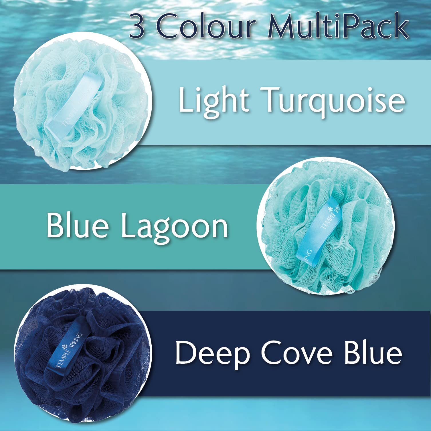 Temple Spring Recycled Luffa Sponge Ocean Blue lather action with body wash and bubbles.