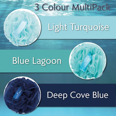 Temple Spring Recycled Luffa Sponge Ocean Blue lather action with body wash and bubbles.