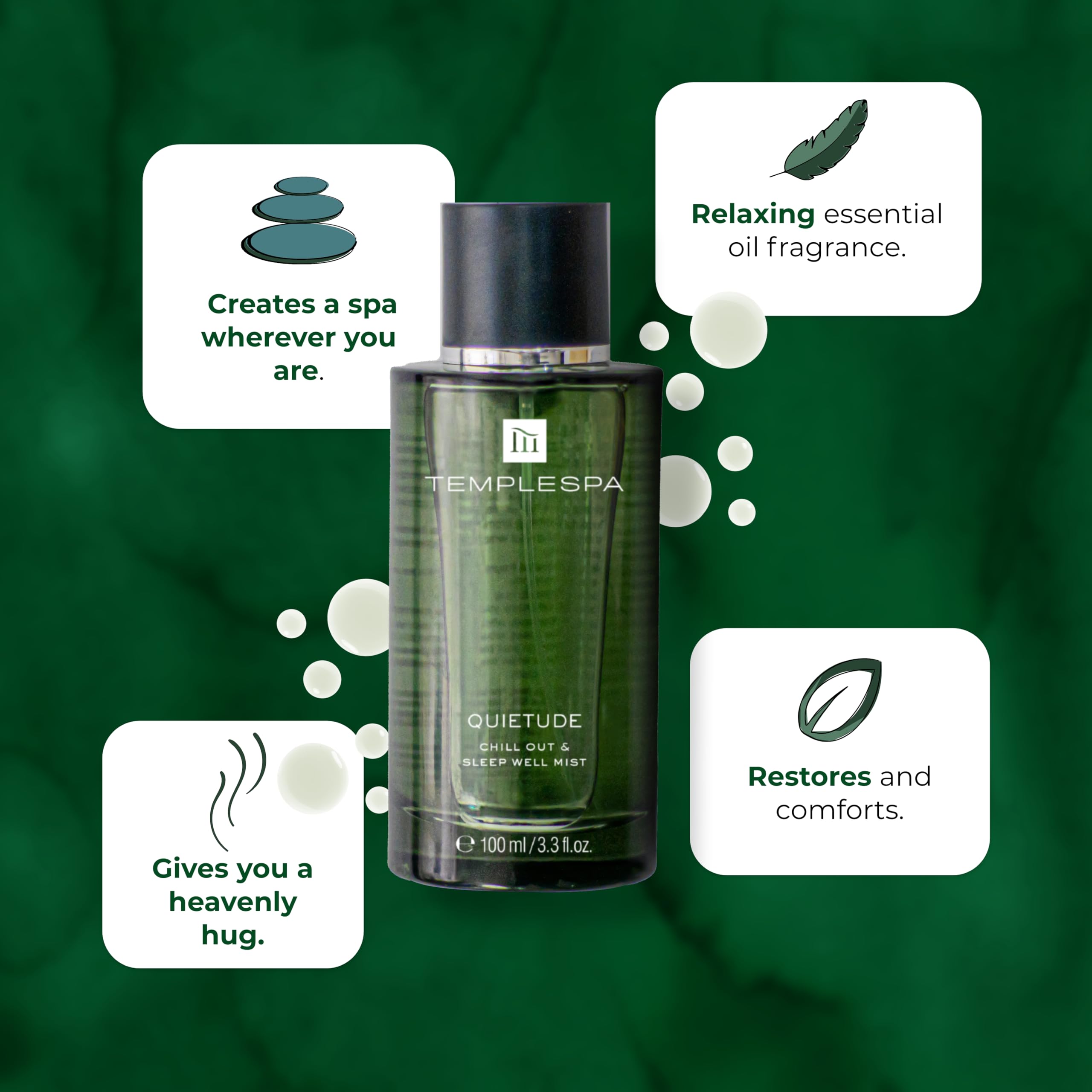 TEMPLESPA Quietude Mist spray cap releasing a gentle aroma to help relax.