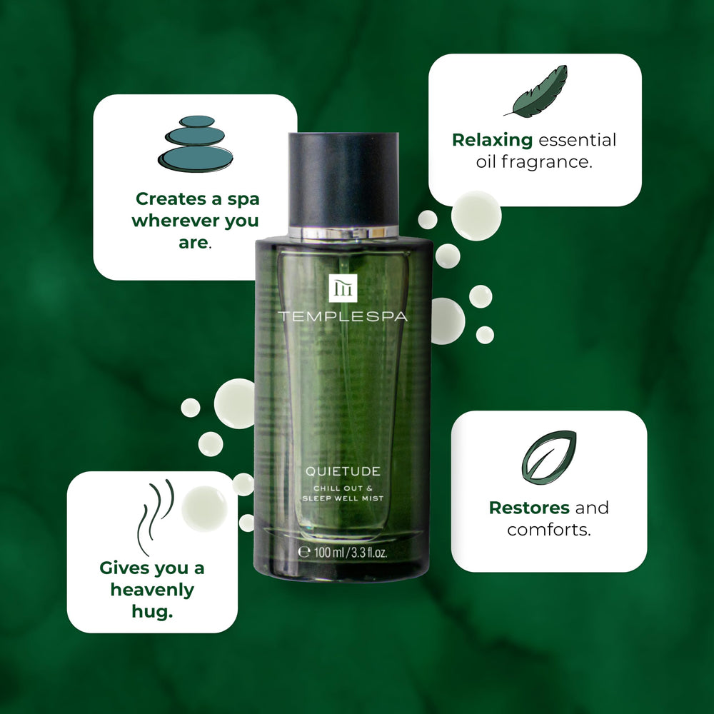 TEMPLESPA Quietude Mist spray cap releasing a gentle aroma to help relax.