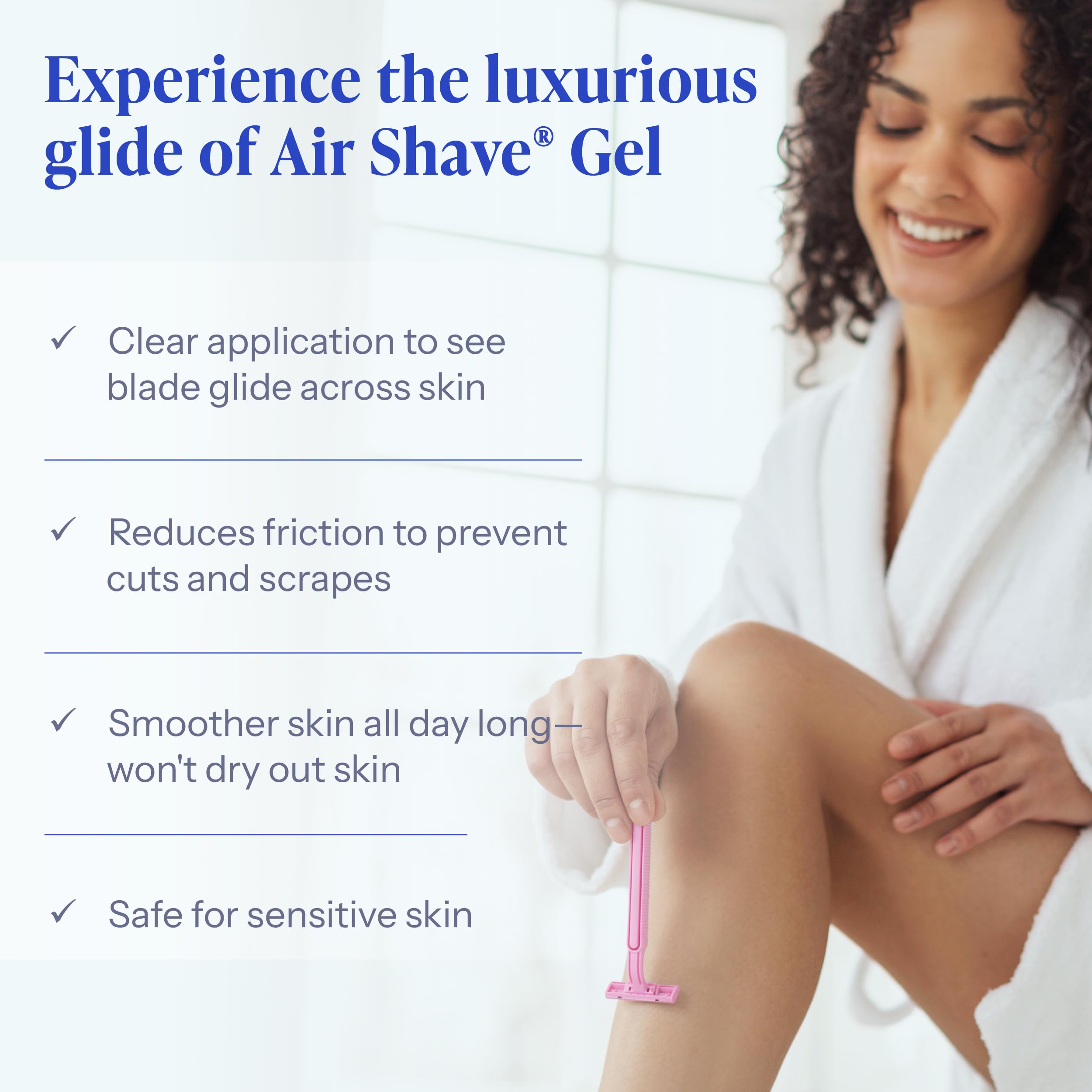 Tend Skin Air Shave Gel on hand shows clear, non-foaming glide and hydration.
