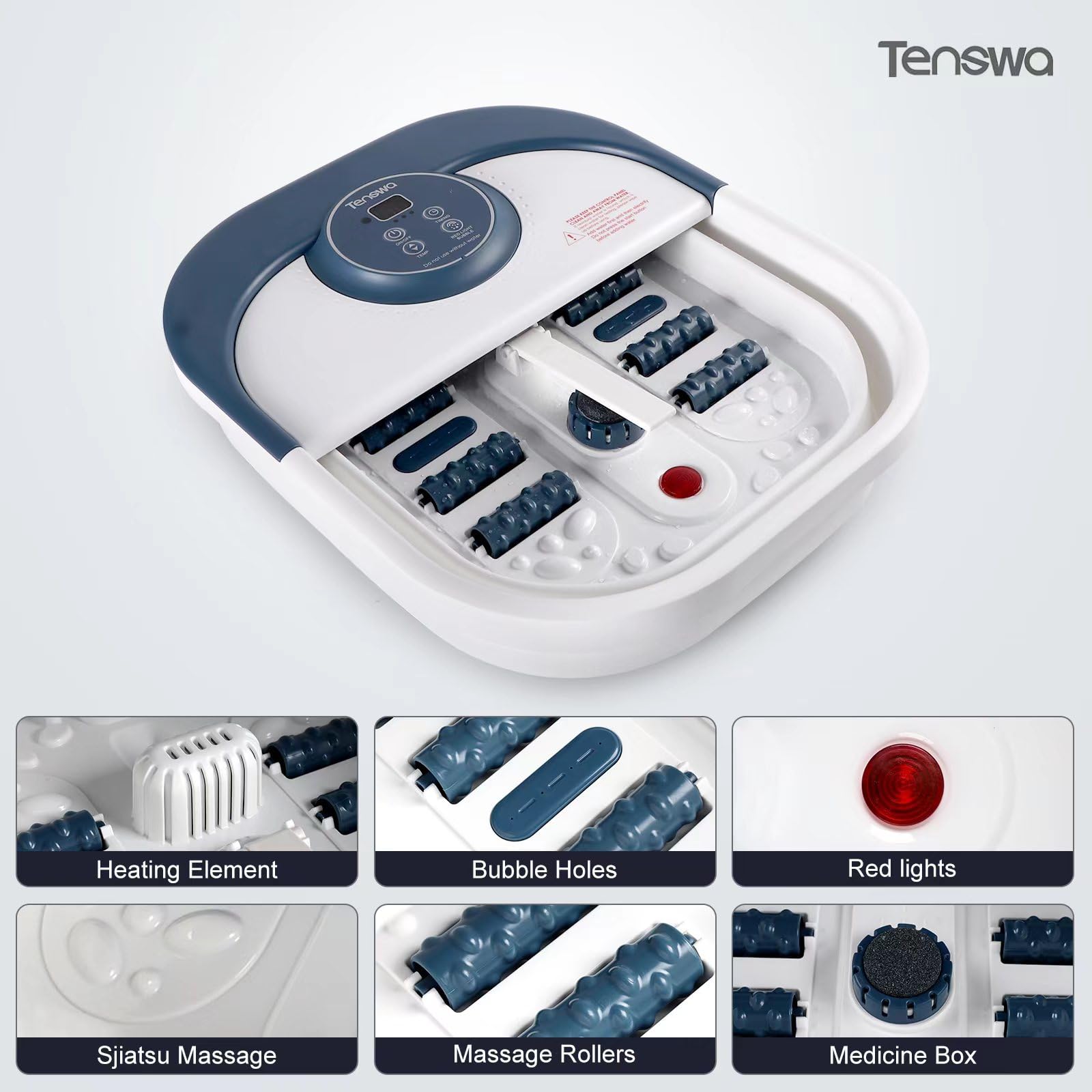 Tenswa foot spa shows bubbles for relaxing soak and odor control.