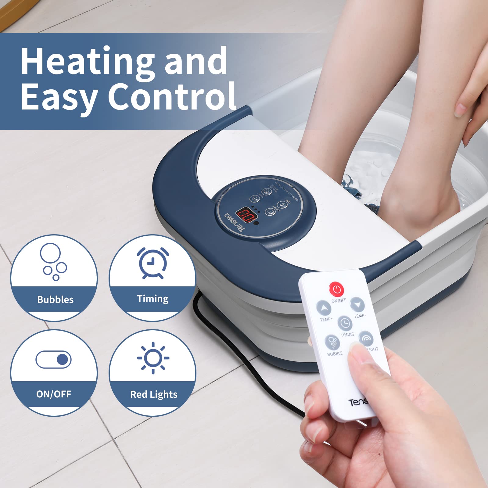 Tenswa foot spa with remote control enabling easy heat adjustments.