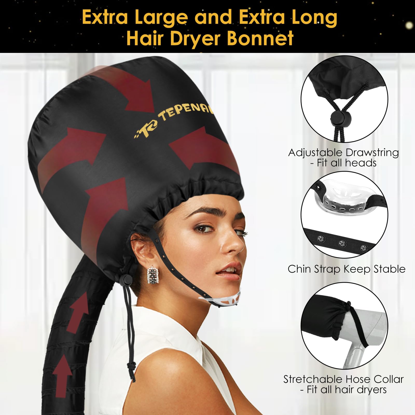TEPENAR bonnet with adjustable drawstring for secure fit during drying sessions.