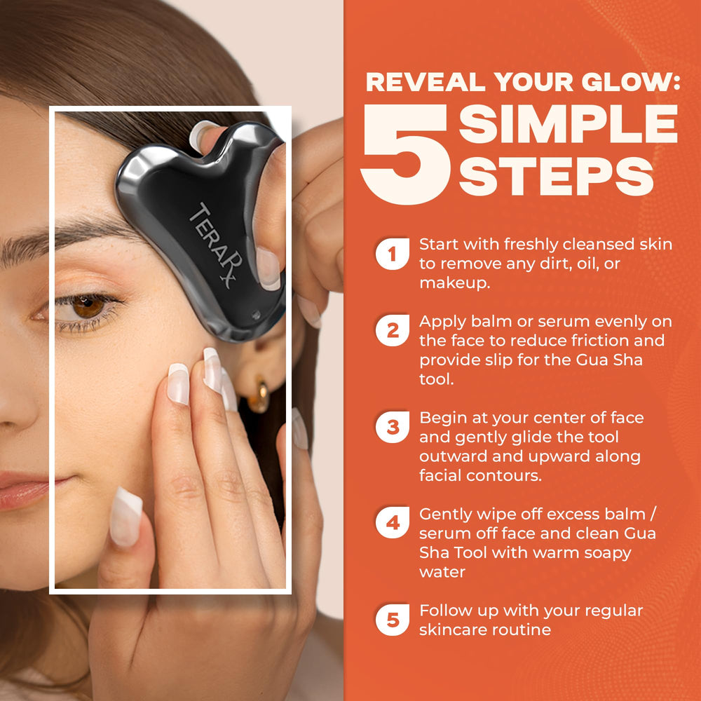TeraRX gua sha glow close-up highlighting luminous skin.