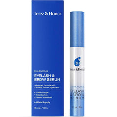 TEREZ & HONOR eyelash serum bottle closeup shows premium, drug-free formula for fuller lashes.