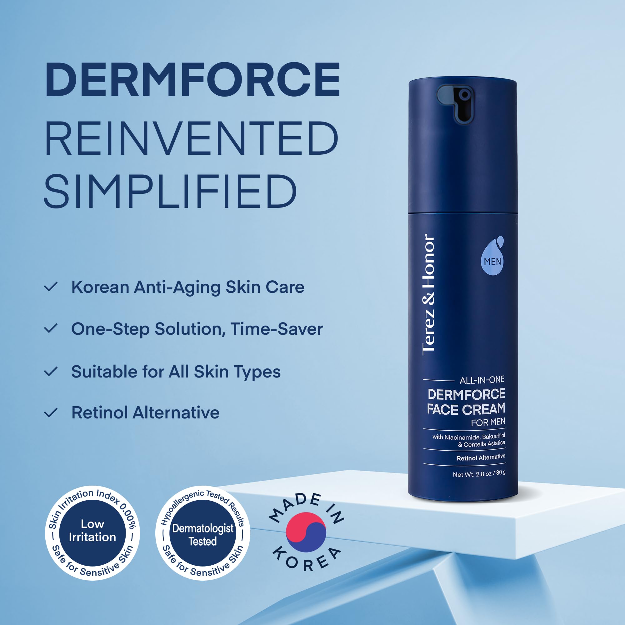 TEREZ & HONOR Dermforce ingredients: niacinamide, ginseng, centella, bakuchiol for skin-support.