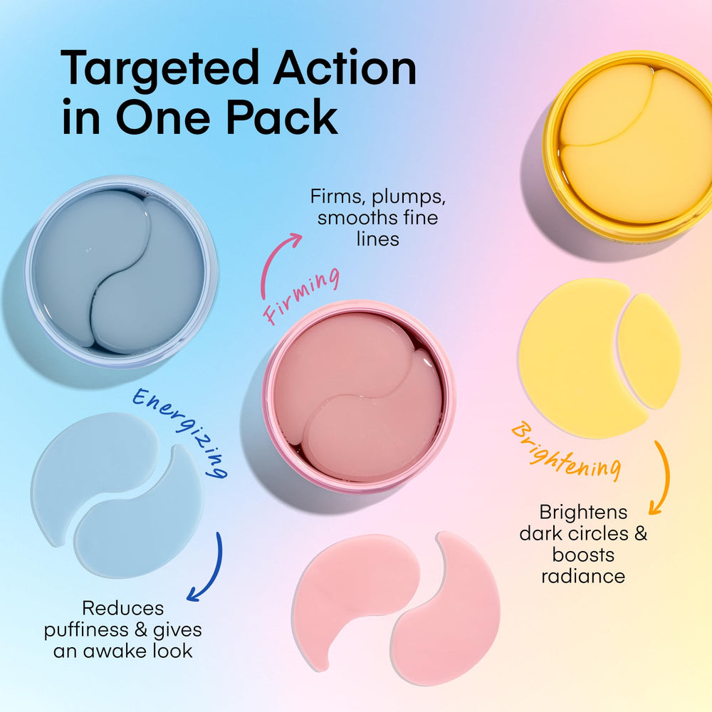 TEREZ & HONOR hydrogel patches close-up, caffeine boost for refreshed under-eyes.