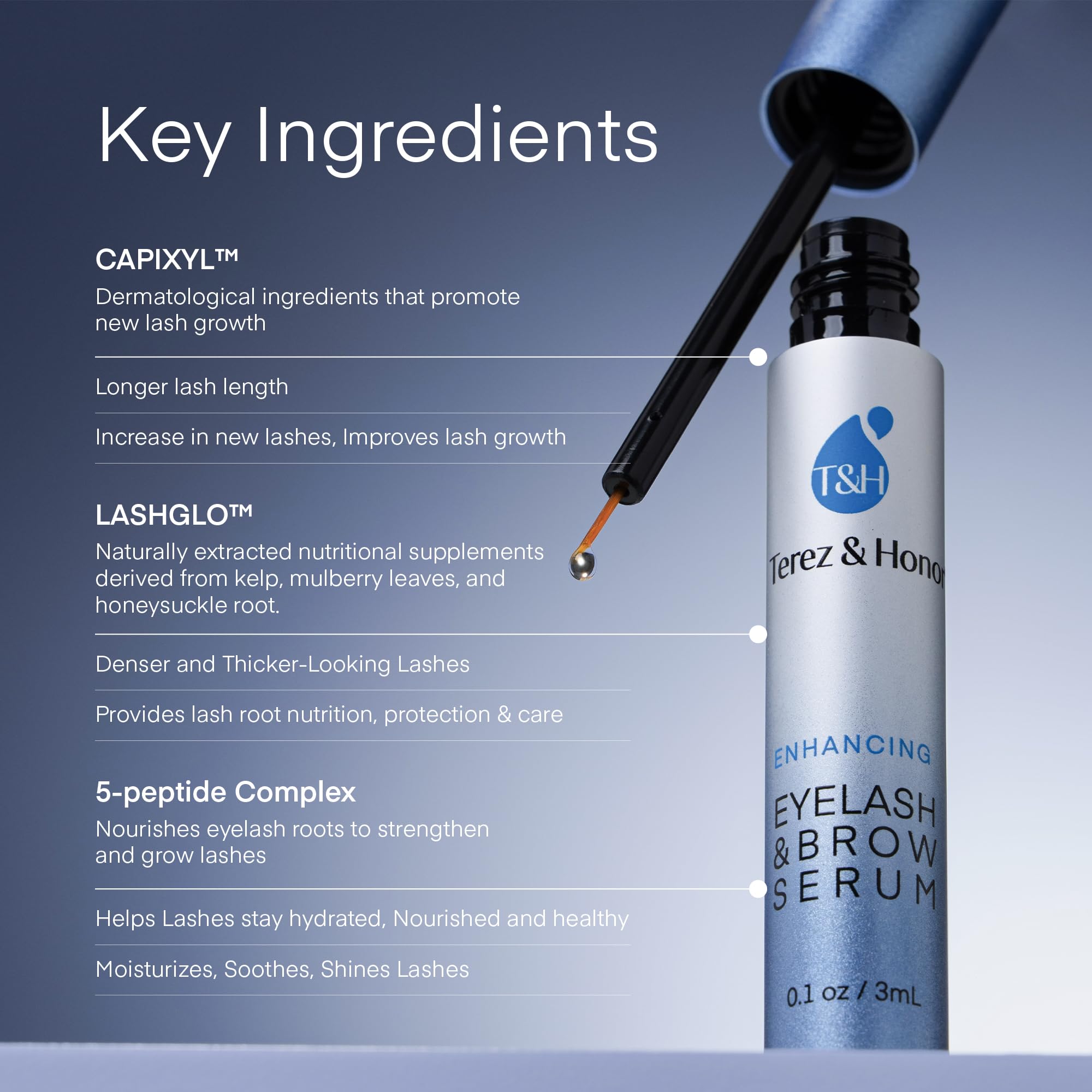 TEREZ & HONOR eyebrow serum applicator tip highlighting precise brow nourishment