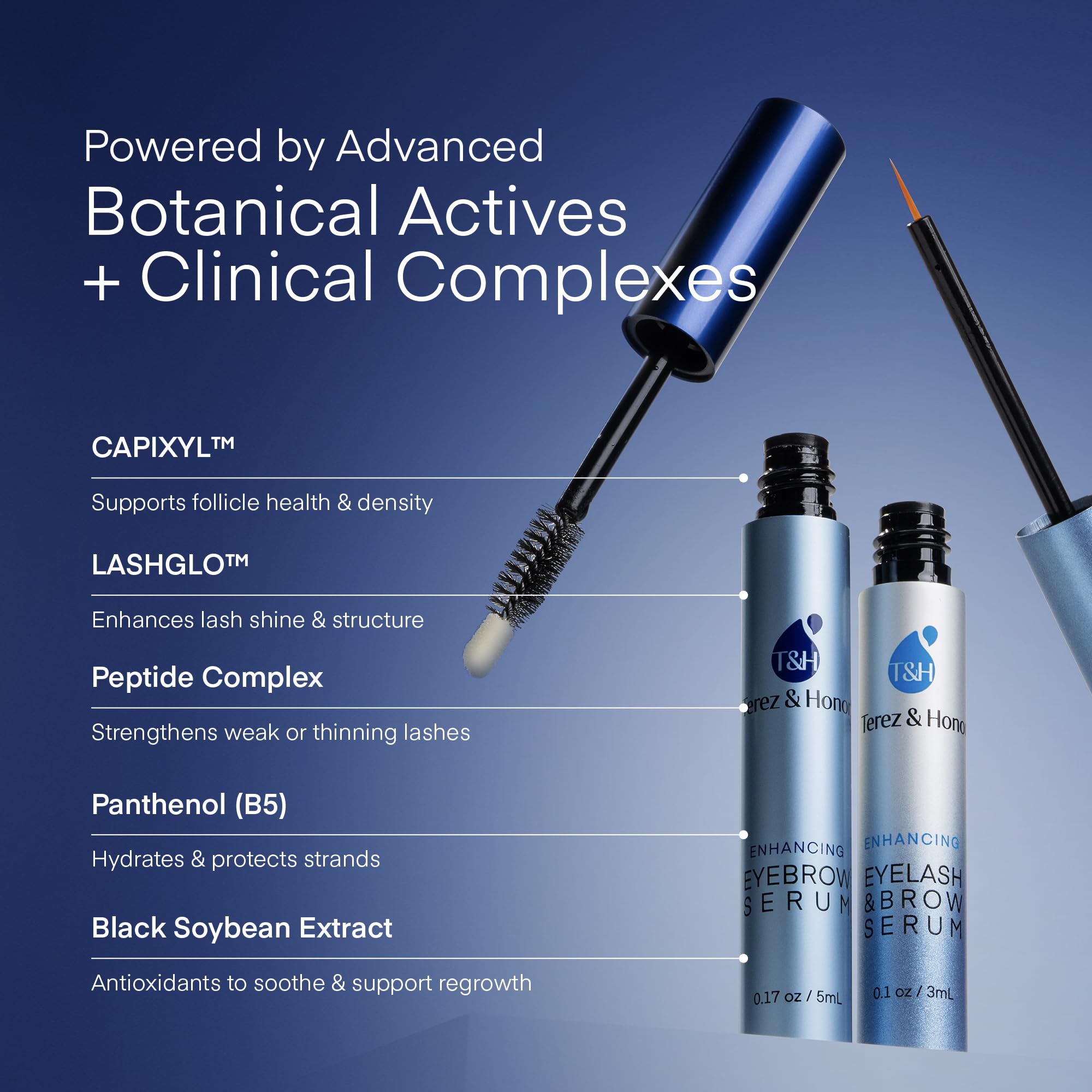 TEREZ & HONOR eyebrow serum duo applicator demonstrates dual-target care for brows.
