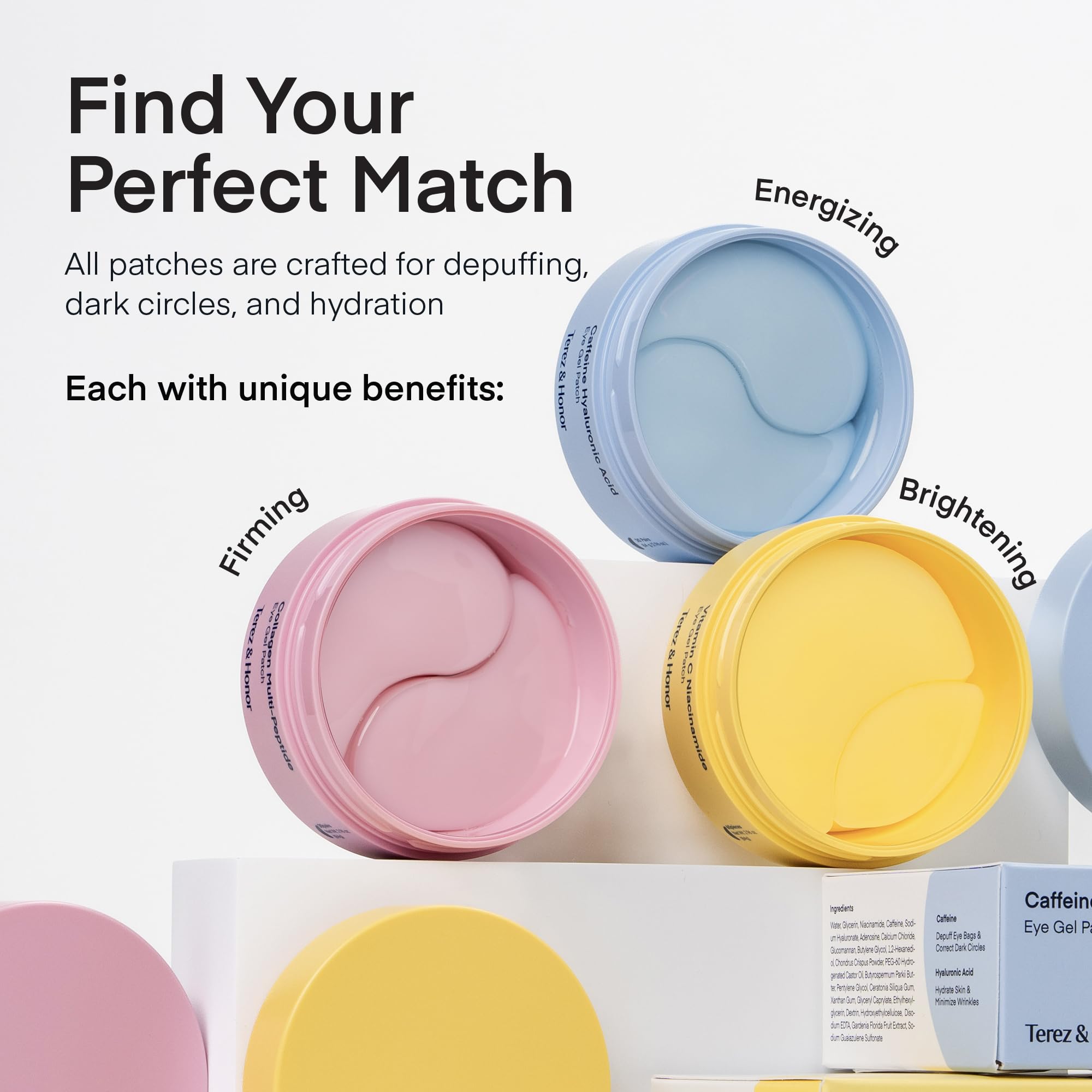 TEREZ & HONOR patches highlight hydrating glow with multi-molecular hyaluronic acid.