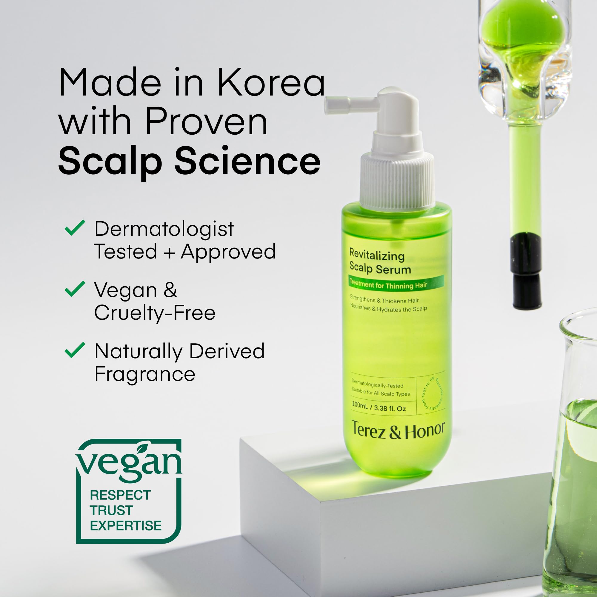 TEREZ & HONOR scalp serum application demonstrates easy daily nourishment for itchy scalps