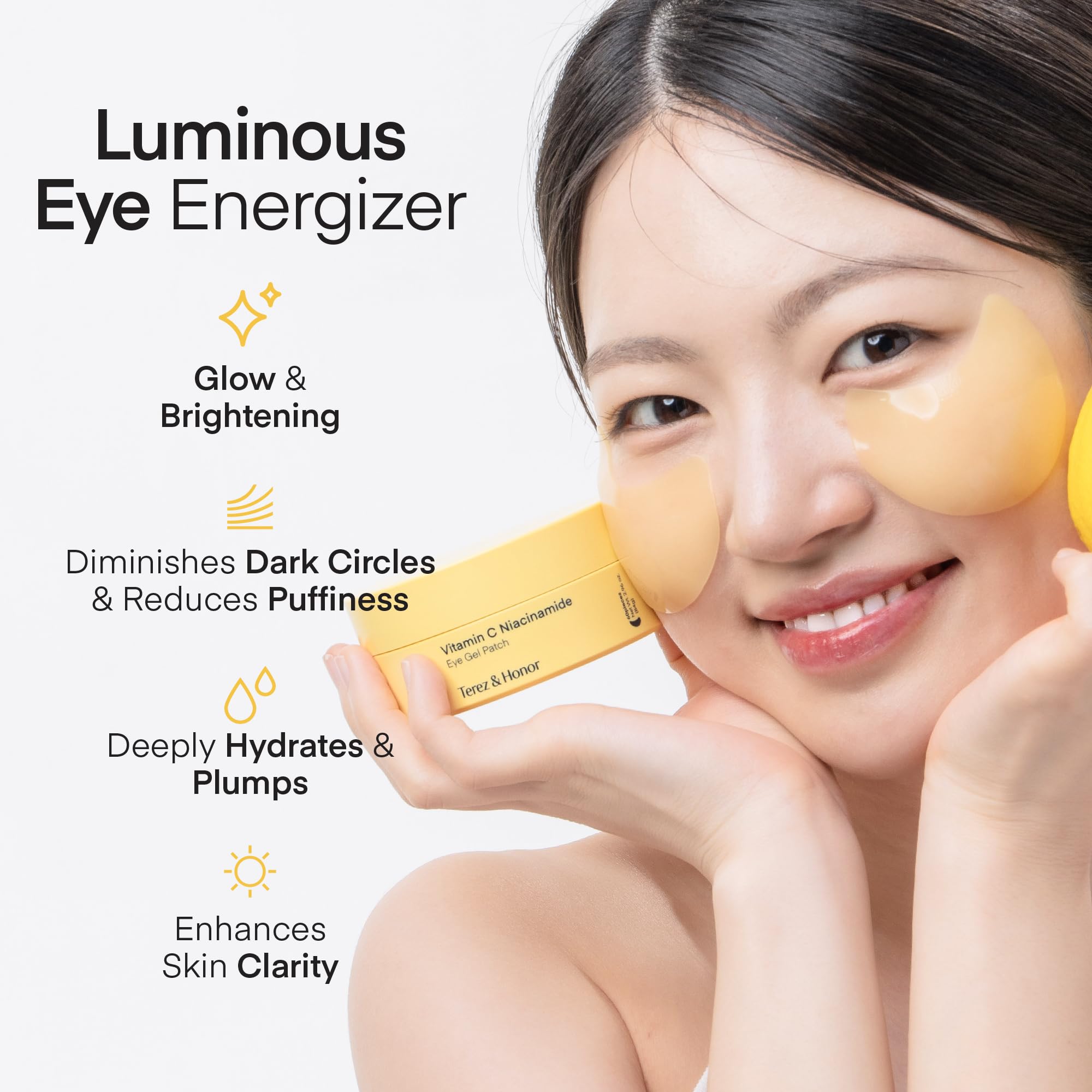 TEREZ & HONOR Vitamin C Eye Patches application closeup highlights hydrating under-eye care